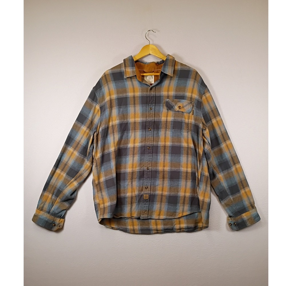 Rugged Cabincore Dubinik Mens XL Blue Mustard Plaid Cotton Flannel Work Shirt